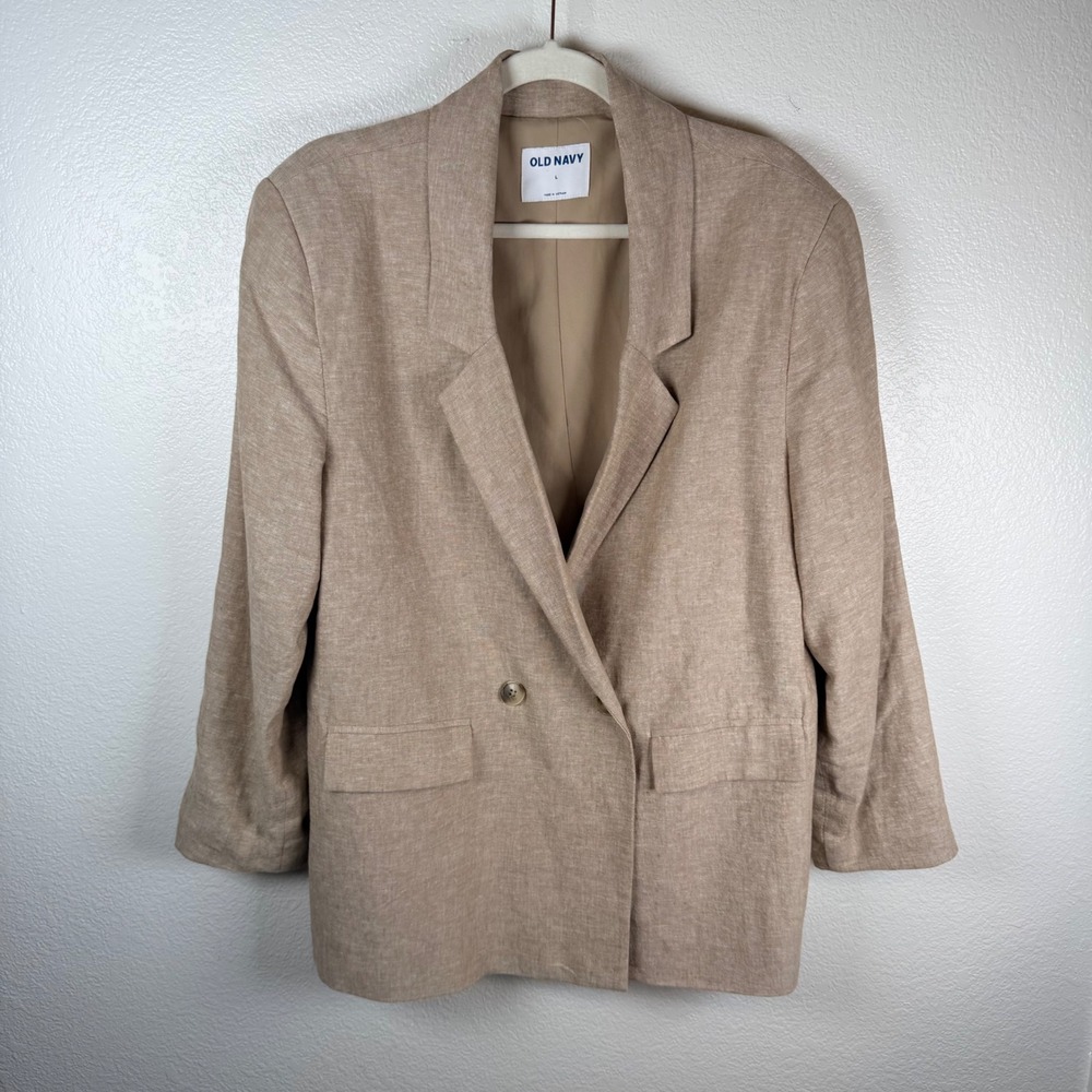 Old Navy Womens Linen Blend Double Breasted Blazer Tan Large Office Minimalist